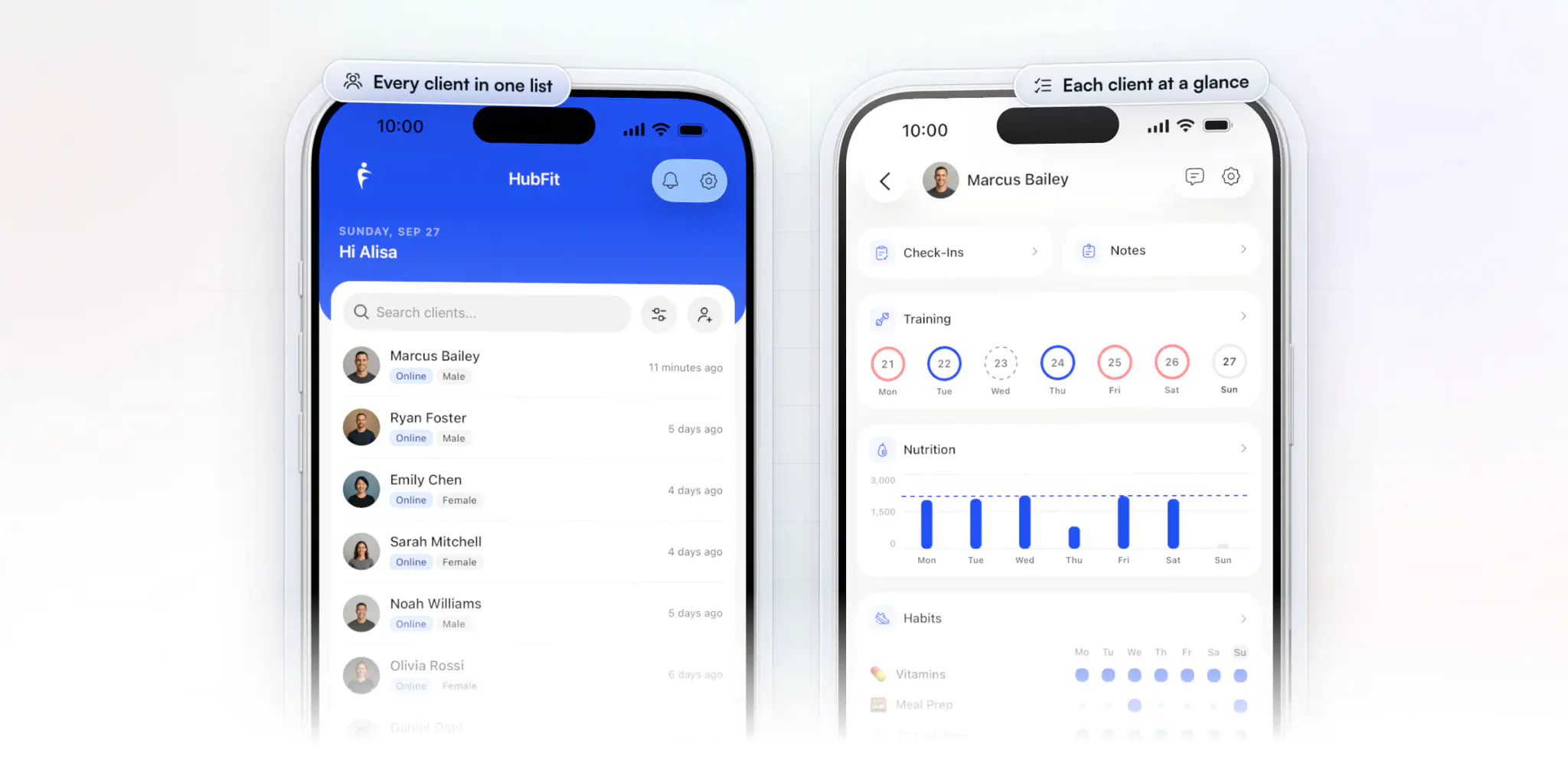 The coach app on two iPhones: the client list with each client marked Online and when they were last active, and one client's overview with their check-ins, training week and nutrition in one place