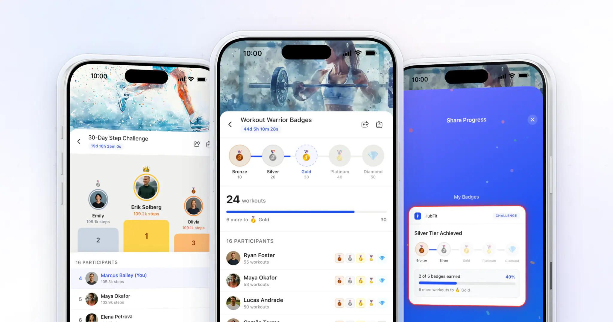 Three HubFit client app challenge screens: the step leaderboard, badge tiers and a badge ready to share