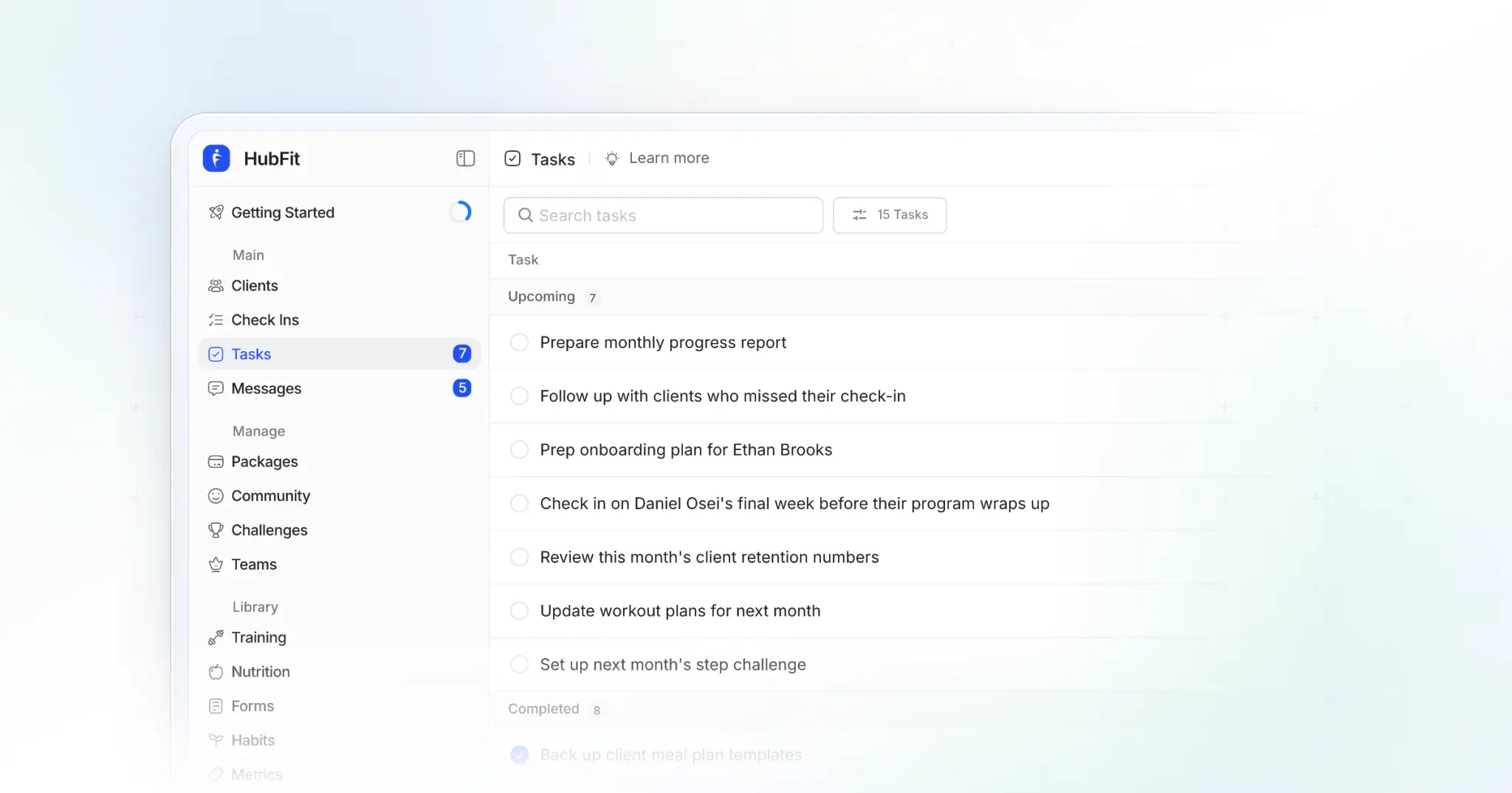 HubFit's tasks page on the web: a coach's to-dos for the week in one list
