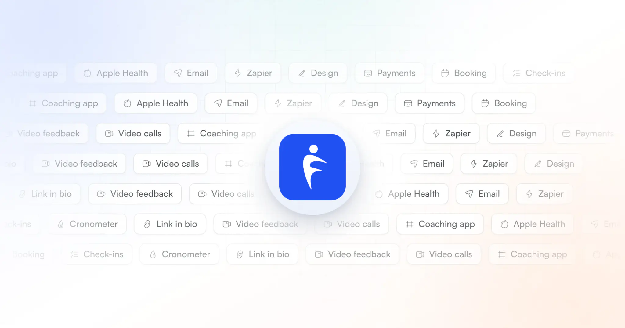Rows of soft tags naming the tools in an online coach's stack, such as payments, video feedback, Zapier and booking, around the HubFit app icon
