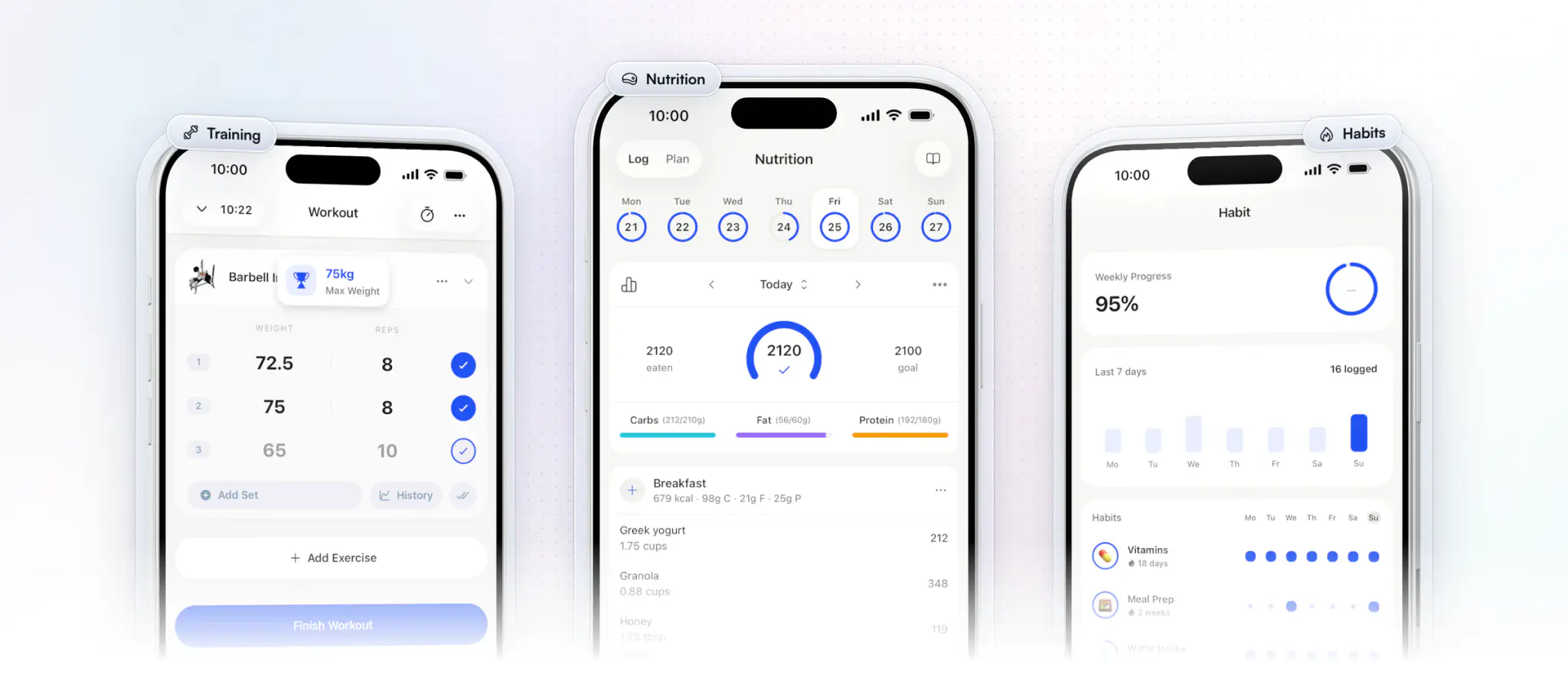 Three screens from the client app: a new 75 kg max-weight PR on the barbell incline bench press mid-workout, the day's food log at 2,120 of 2,100 calories with carbs, fat and protein, and the client's daily habits with their weekly progress and streaks
