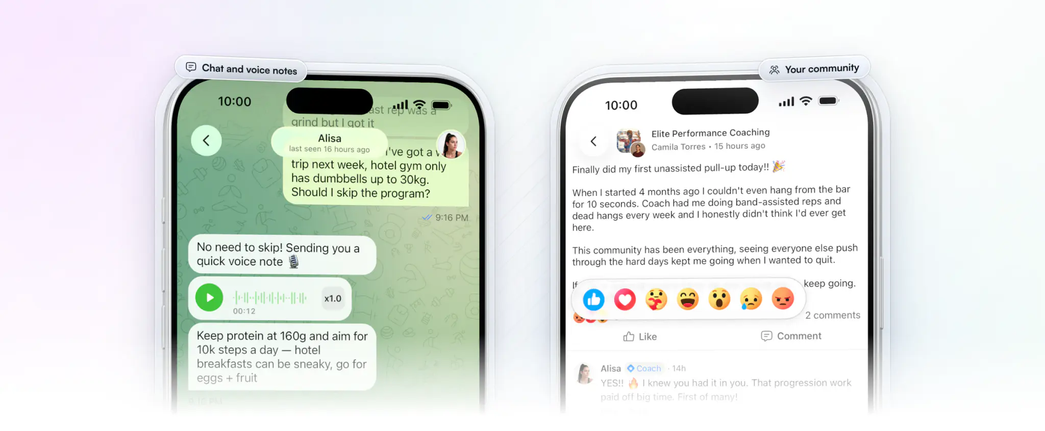 Two client-app screens that replace WhatsApp and Facebook Groups: the client's chat with their coach about training on a work trip, with the coach's voice note, and a client's post in the coach's community celebrating a first unassisted pull-up, with the reaction picker open