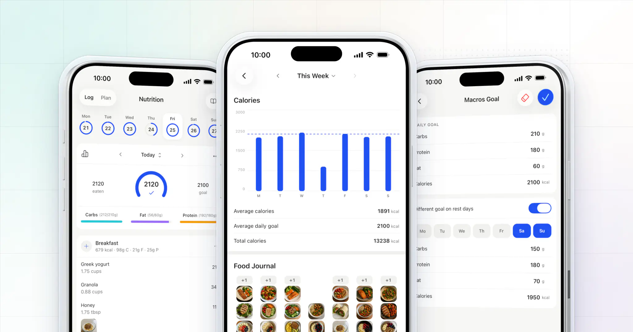 Three HubFit client app screens: the nutrition log for today, the calorie breakdown and the macro goals