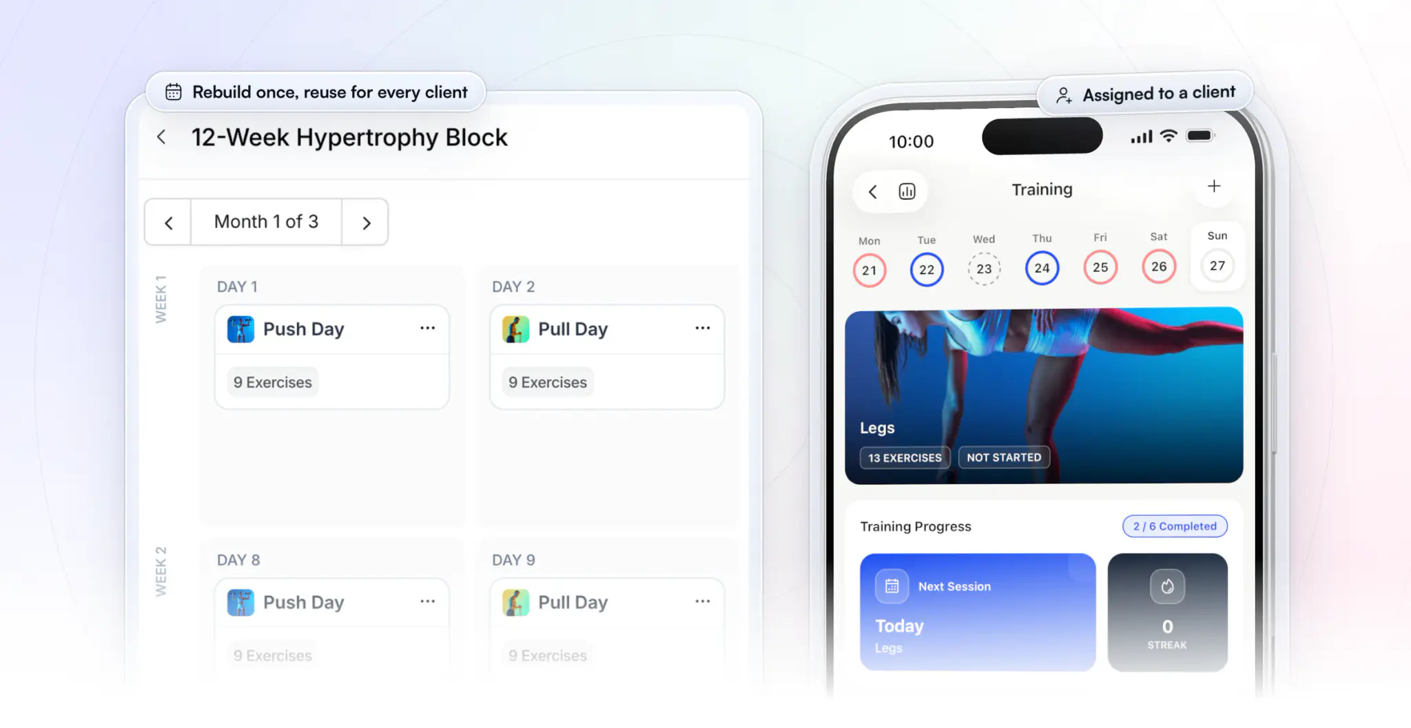 Rebuilding a program in HubFit: the 12-Week Hypertrophy Block in the coach's web program builder, Push Day and Pull Day on days 1 and 2 of each week, and the client's Training tab in the coach app with today's Legs workout and their progress, 2 of 6 sessions done