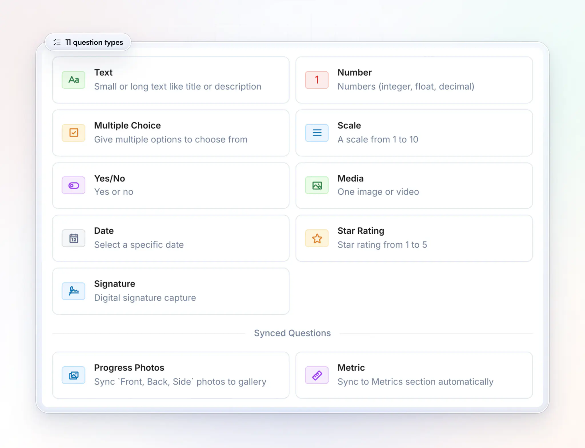 The Add Question window in a HubFit check-in form: text, number, multiple choice, scale, yes or no, media, date, star rating and signature, plus progress photos and metrics that sync automatically
