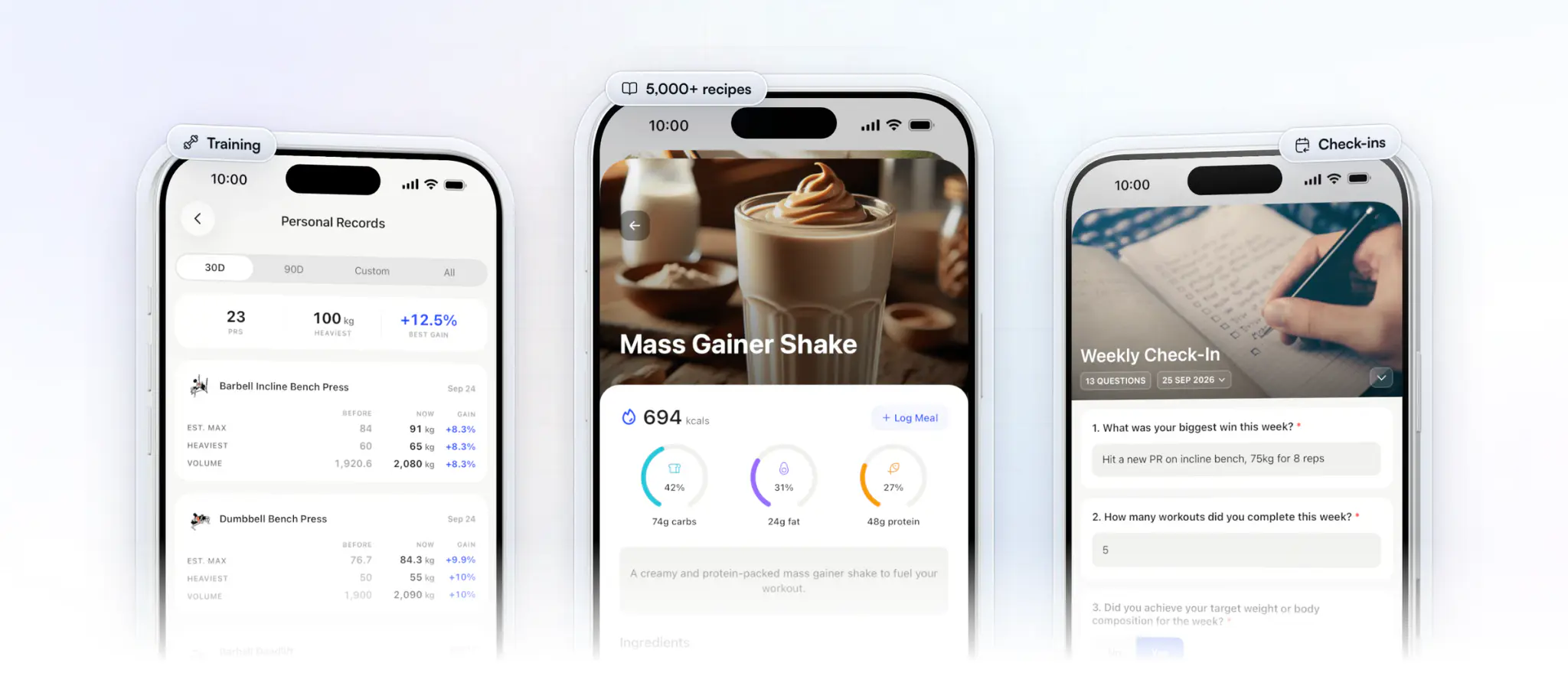Three iPhones in the HubFit client app: personal records that track themselves, with each lift's before and after, a Mass Gainer Shake recipe with its 694 calories and macros, and a weekly check-in the client is filling in