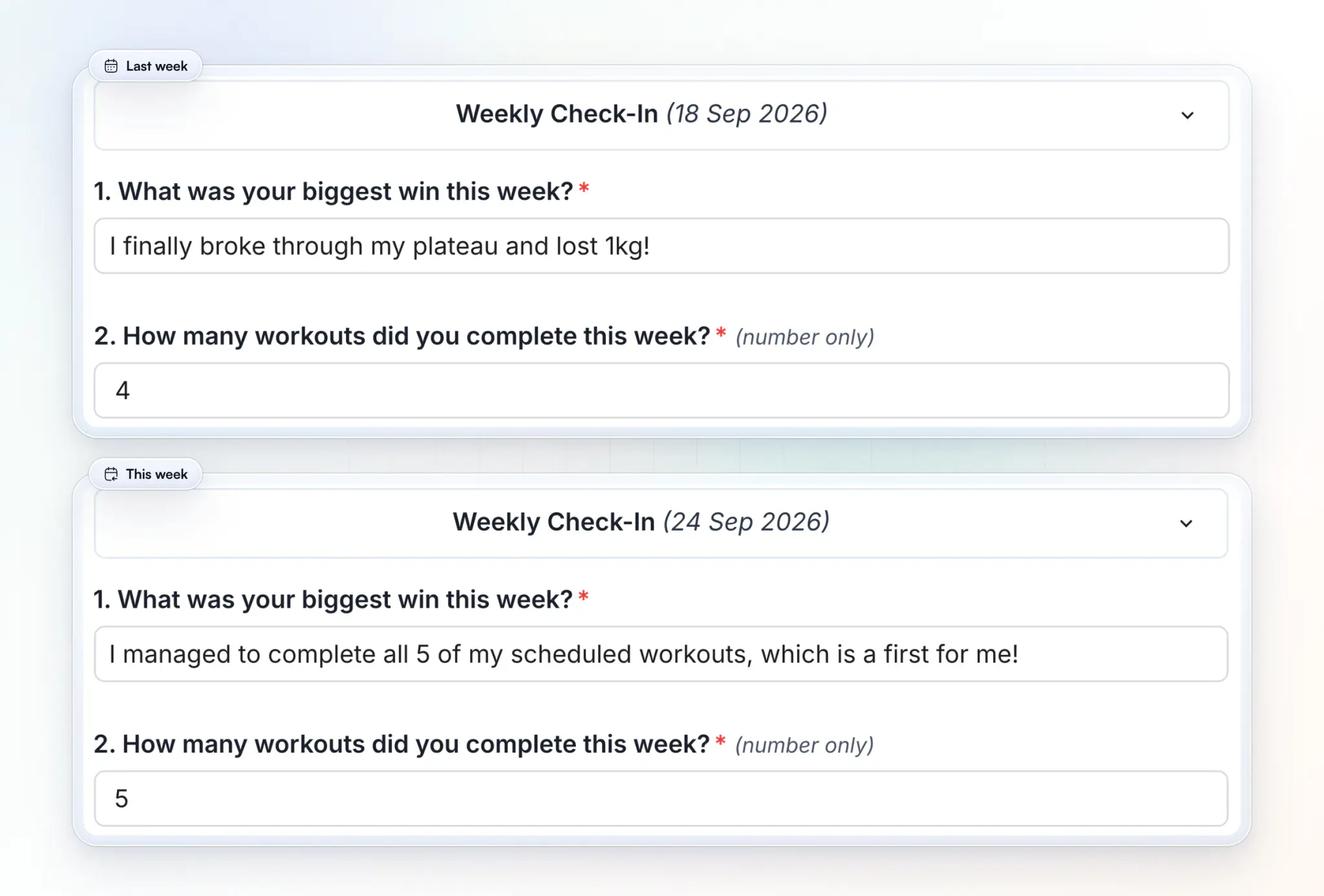 Two of a client's weekly check-ins compared side by side in HubFit: on 18 September the biggest win was breaking through a plateau with 4 workouts done, and on 24 September all 5 scheduled workouts were done for the first time
