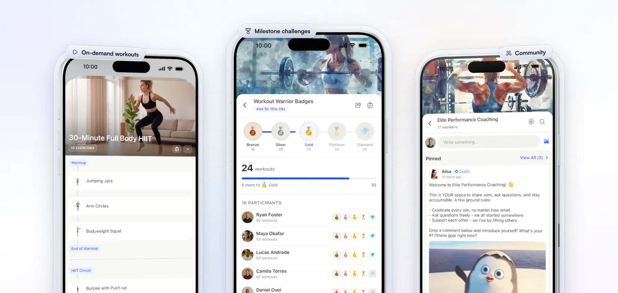 Three screens that keep clients coming back to a coach's app: an on-demand 30-Minute Full Body HIIT workout, a milestone challenge with its badges, and the coach's community with a pinned welcome post