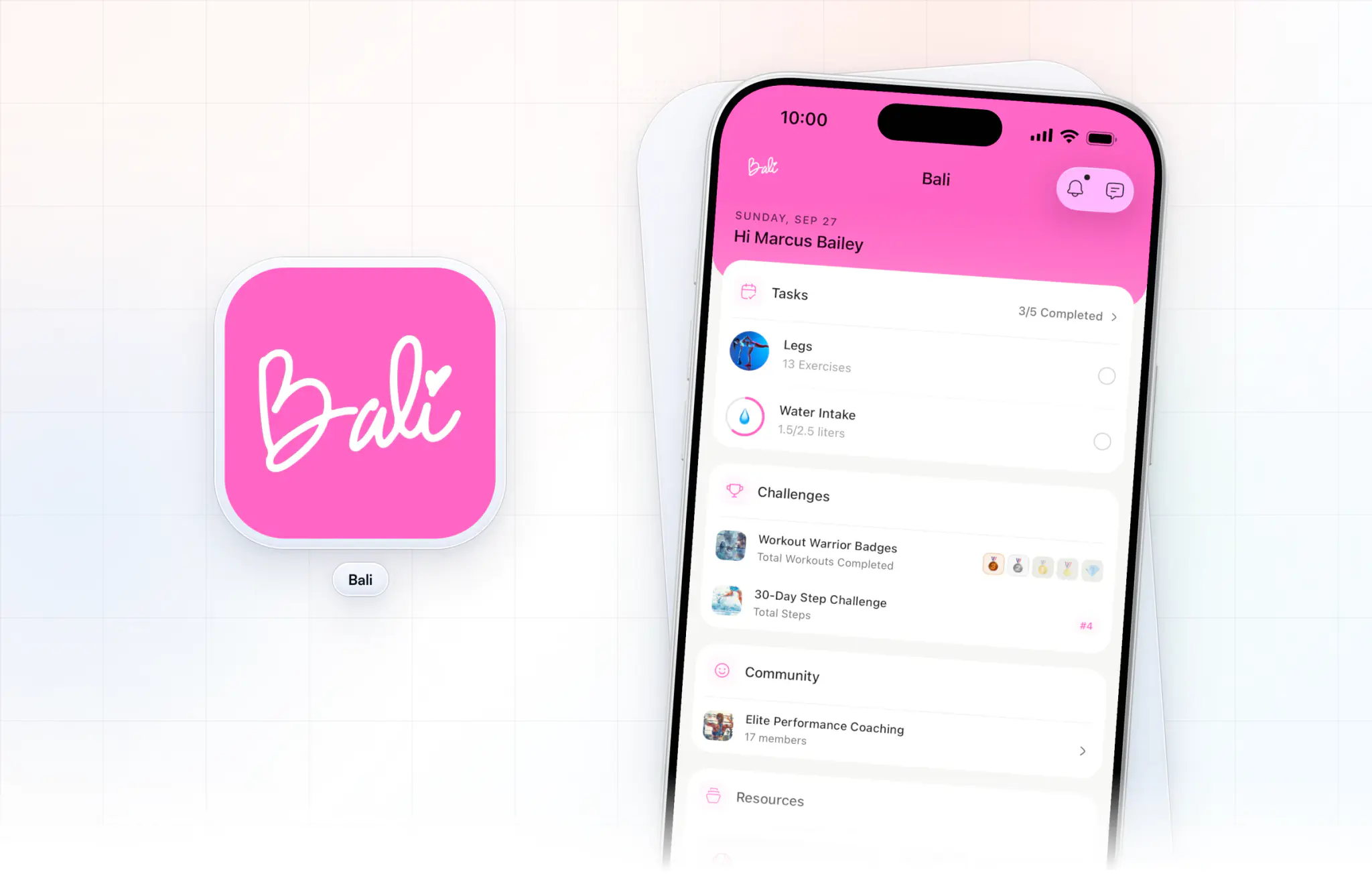 An example white label coaching app, Bali: its pink script-logo app icon beside the client home screen in Bali pink, with the Bali name and logo at the top above today's tasks, challenges, community and resources