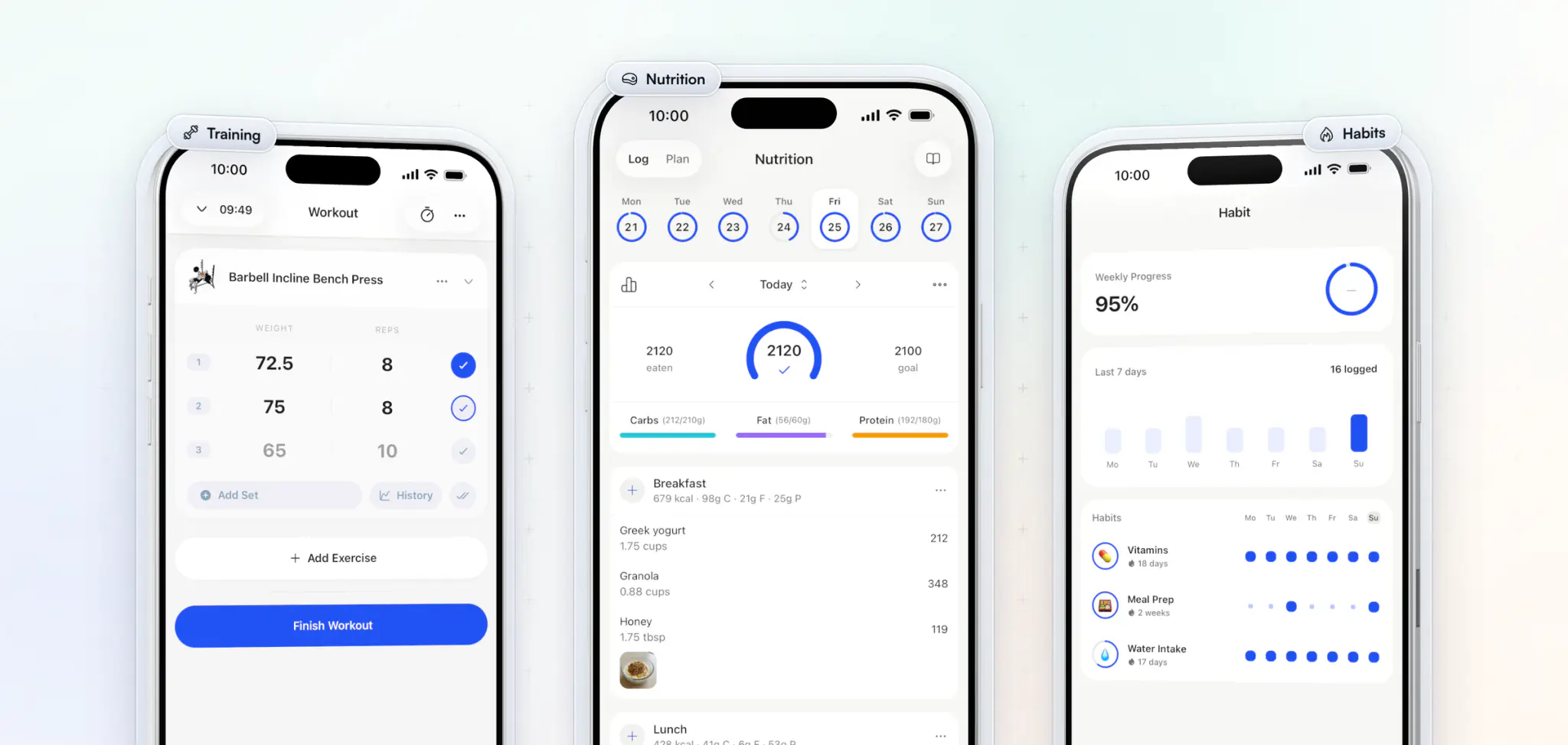 The coaching inside a coach's own app: a workout being logged set by set, the day's food log against macro targets, and the client's daily habits