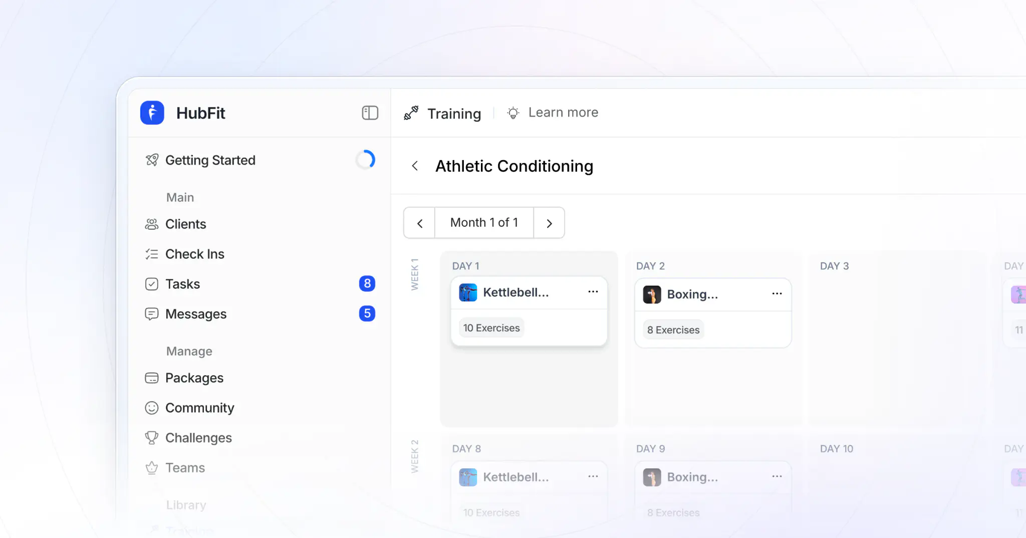 HubFit's program builder on the web: a multi-week training program laid out day by day