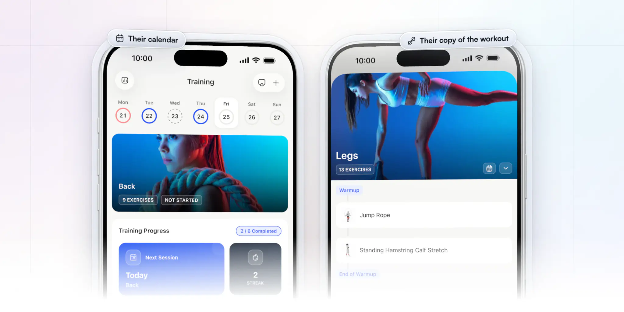 Two iPhones with a client's copy of an imported program: the Training tab with this week's calendar and today's Back workout, and the Legs workout from the program with its 13 exercises, warm-up first, ready to start