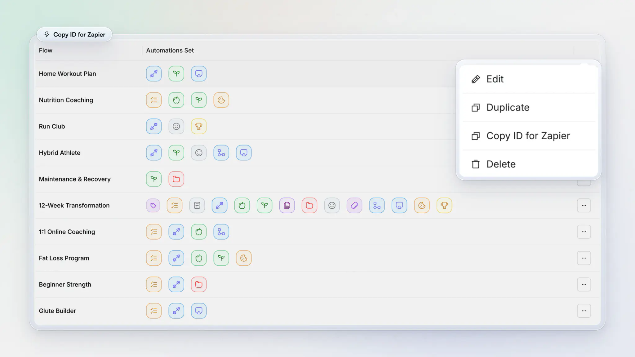 The Onboarding Flow page on the web, listing flows such as Home Workout Plan, Nutrition Coaching, Run Club and 12-Week Transformation with what each assigns, and a flow's menu open on Edit, Duplicate, Copy ID for Zapier and Delete