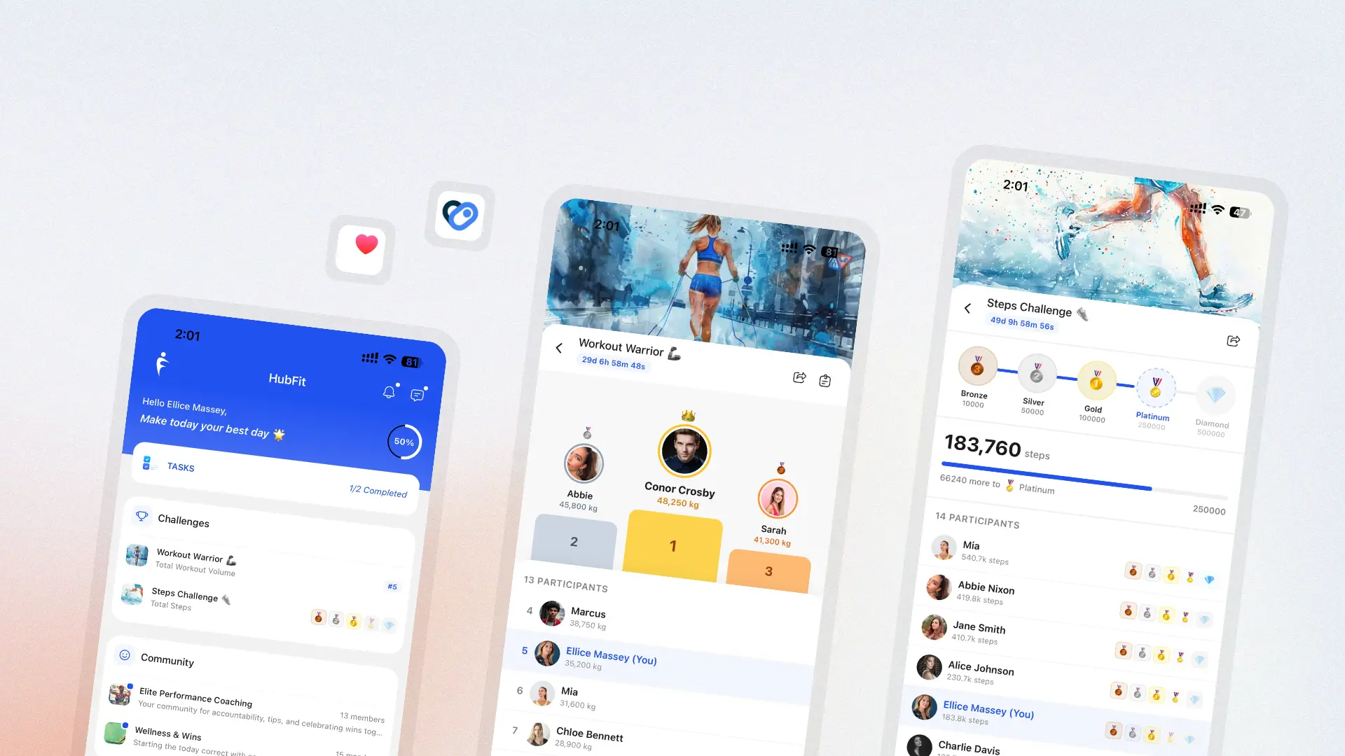 HubFit Challenges shown across three screens — the home feed with active challenges, a Workout Warrior leaderboard with podium and ranked participants, and a Steps Challenge with bronze-to-diamond badge progression