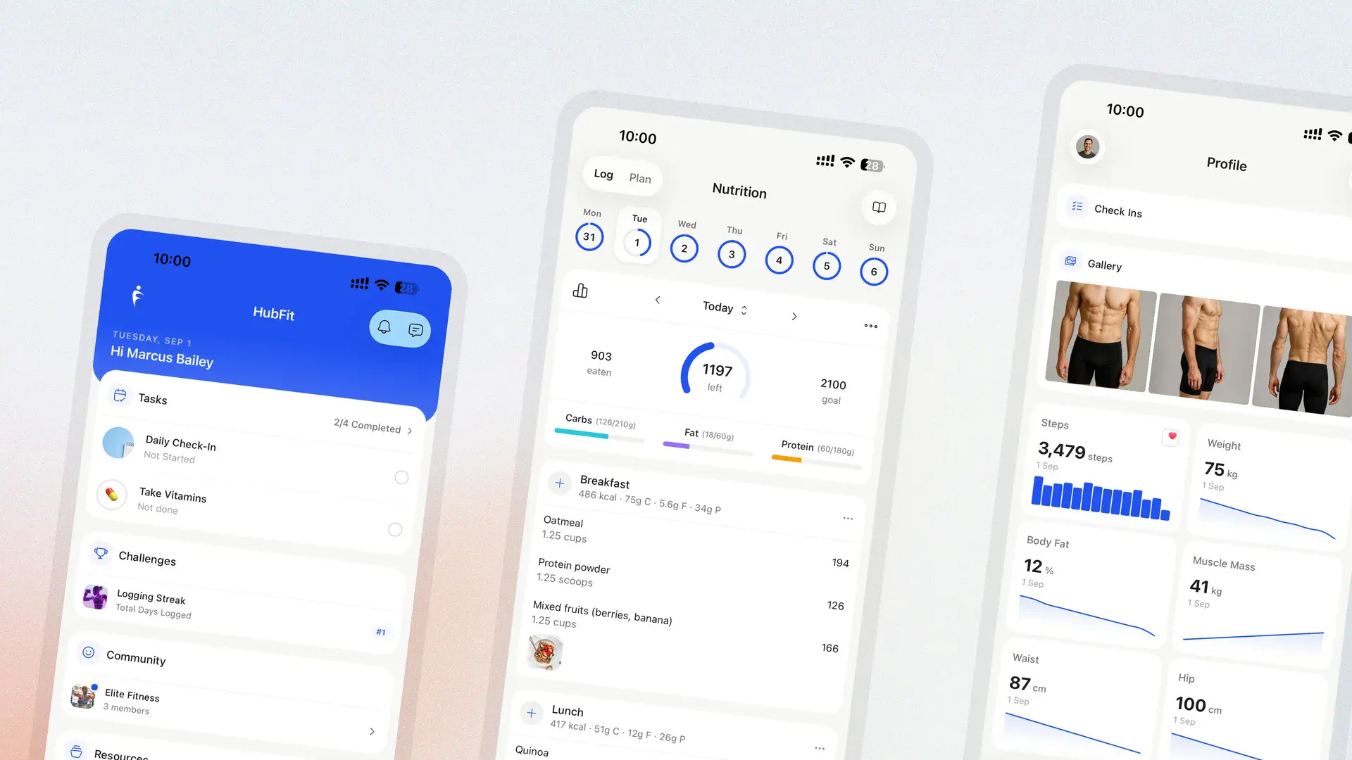 HubFit App 3.0 shown across three screens — the redesigned client home with tasks, challenges, and community, the rebuilt nutrition tracker with daily macro breakdown and logged meals, and the client profile with progress photos and body metrics