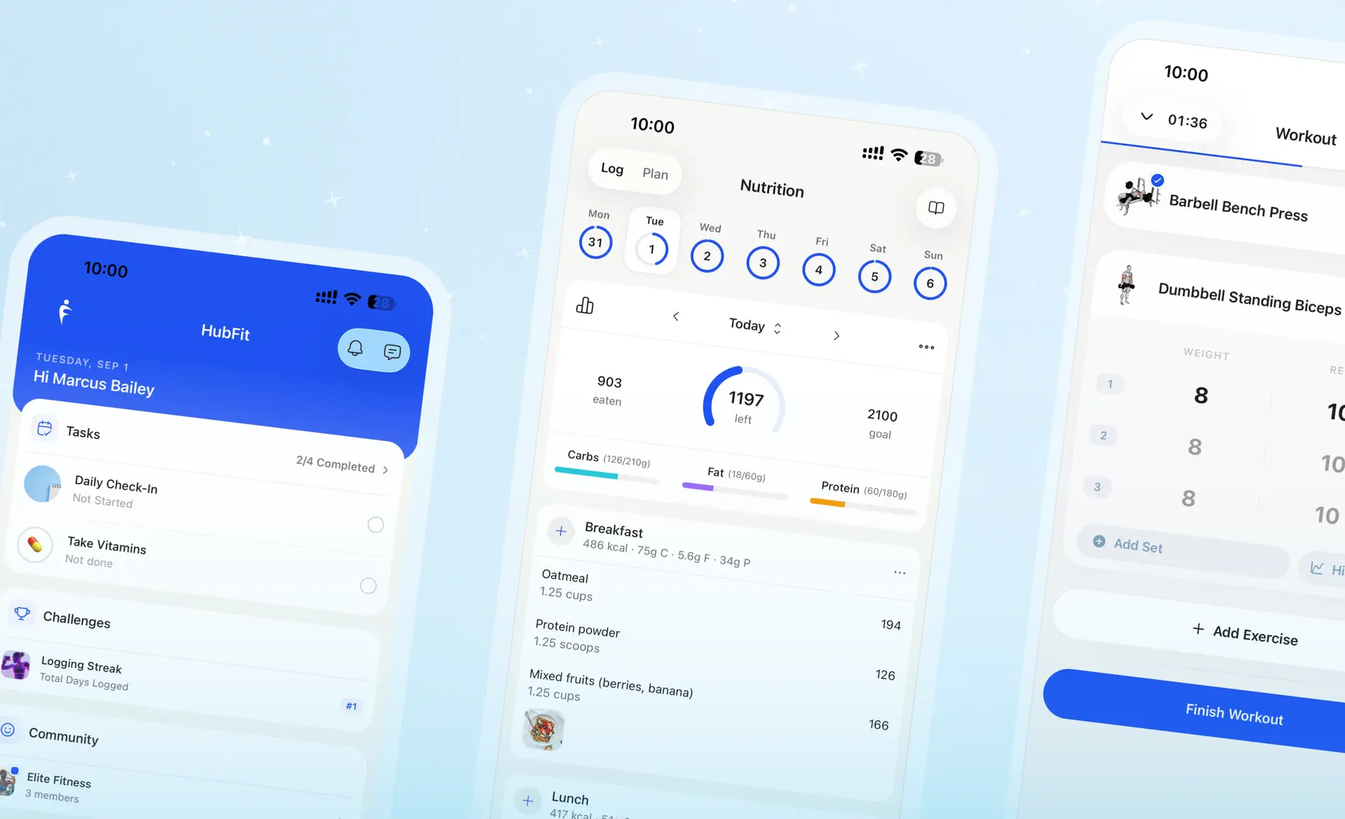 The redesigned HubFit client app — home screen with tasks, challenges, and community, the nutrition tracker, and a live workout session