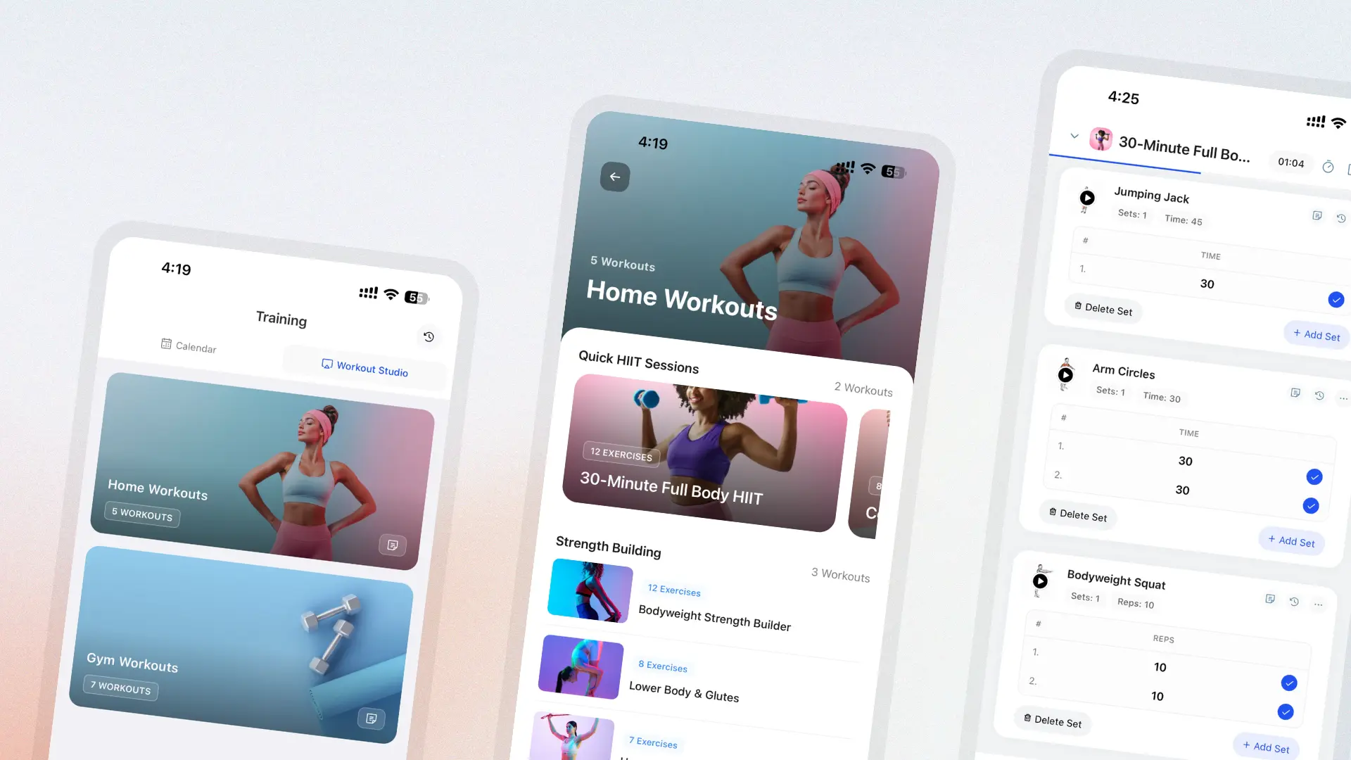 HubFit Workout Studio with curated workout videos organised into sections, cover images, and native in-app playback