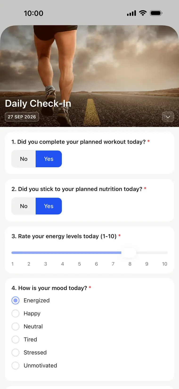 A client's daily check-in in HubFit: workout and nutrition answered yes, energy 8 out of 10, mood energized