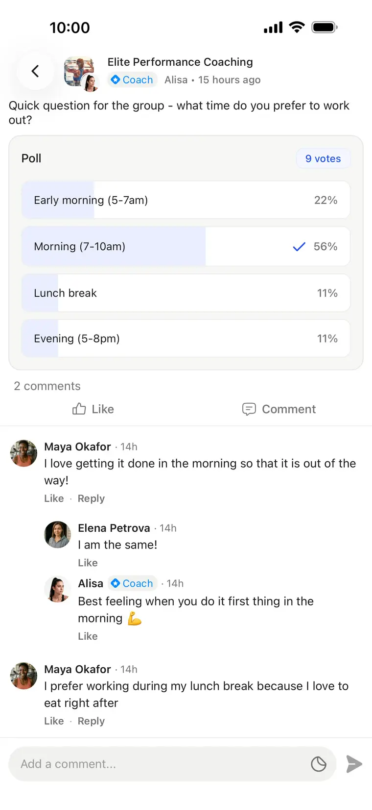 A coach's poll in the HubFit community with results and client replies