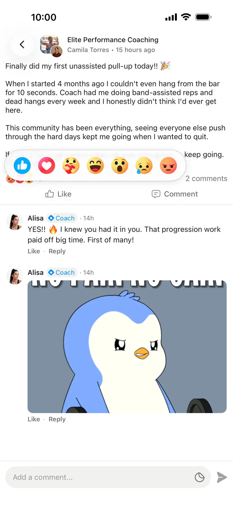 A client's post in the HubFit community, with the coach's reply and the reaction picker open