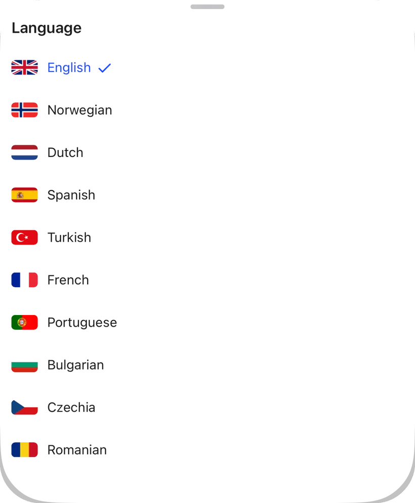 HubFit client app language picker: English, Norwegian, Dutch, Spanish, Turkish, French, Portuguese, Bulgarian, Czech and Romanian