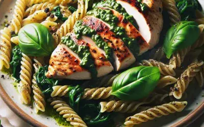 Pesto chicken breast with pasta and spinach