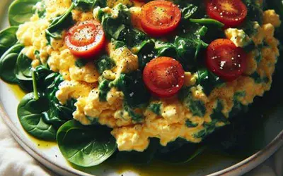 Scrambled eggs with spinach and tomatoes