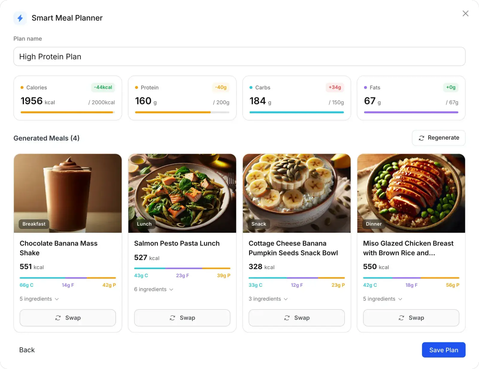 HubFit Smart Meal Planner showing a generated High Protein plan: calories and macros against the goal, and four meals with photos, macros and a Swap button