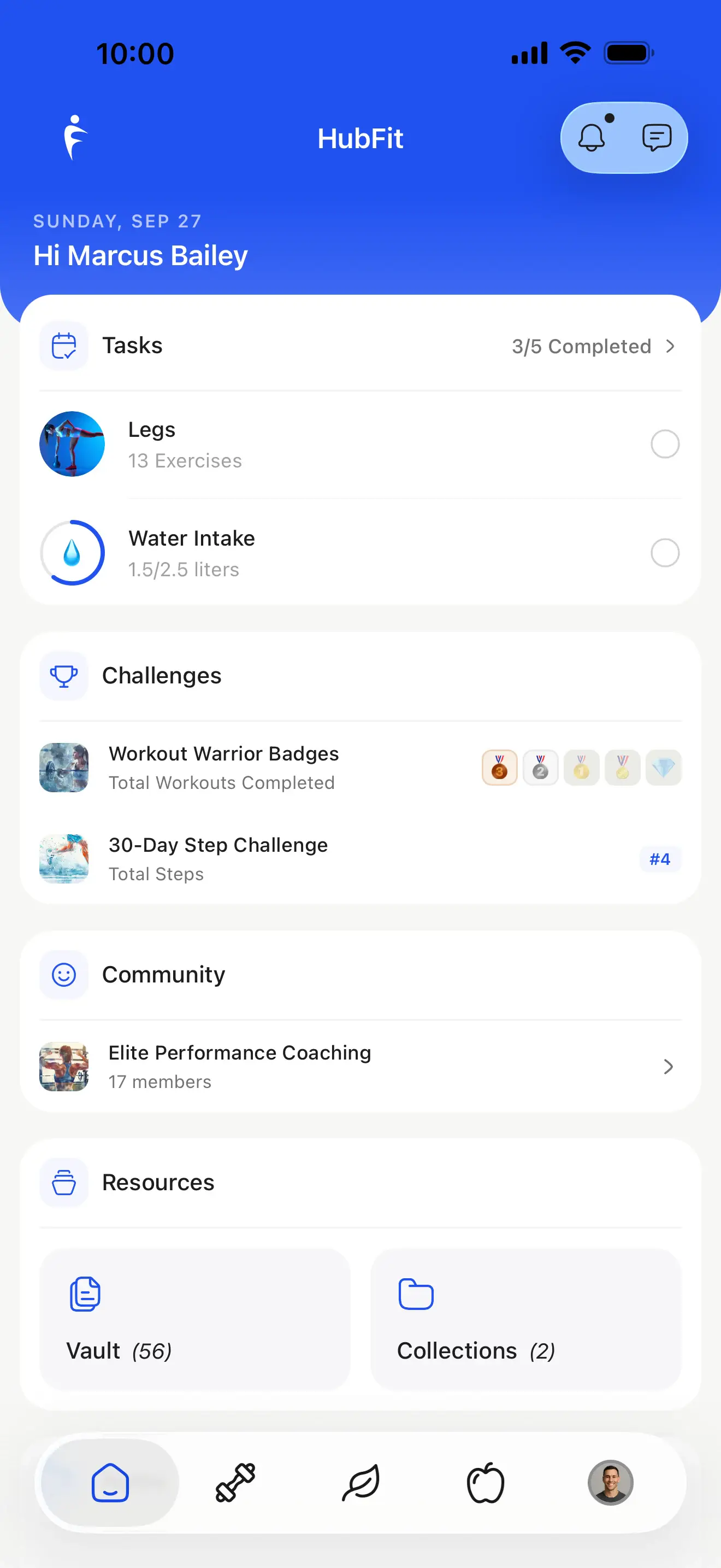 HubFit client app home screen