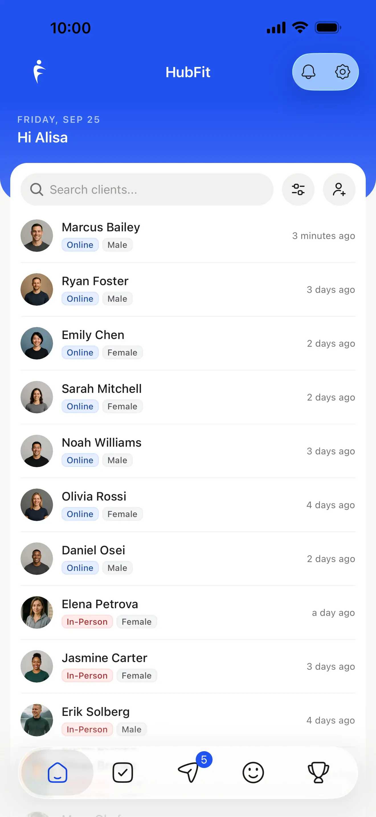 HubFit coach app client list