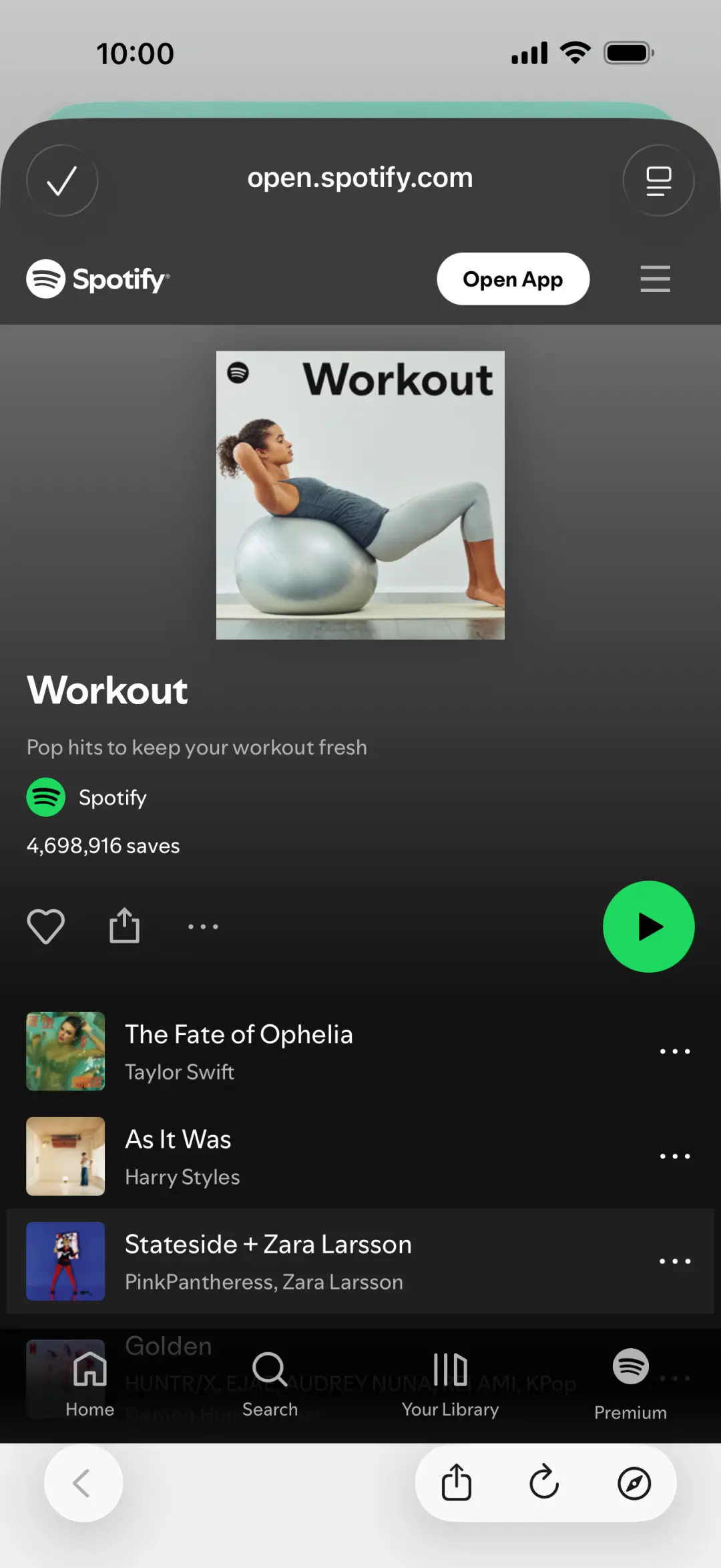 Spotify playlist opened from a HubFit resource collection