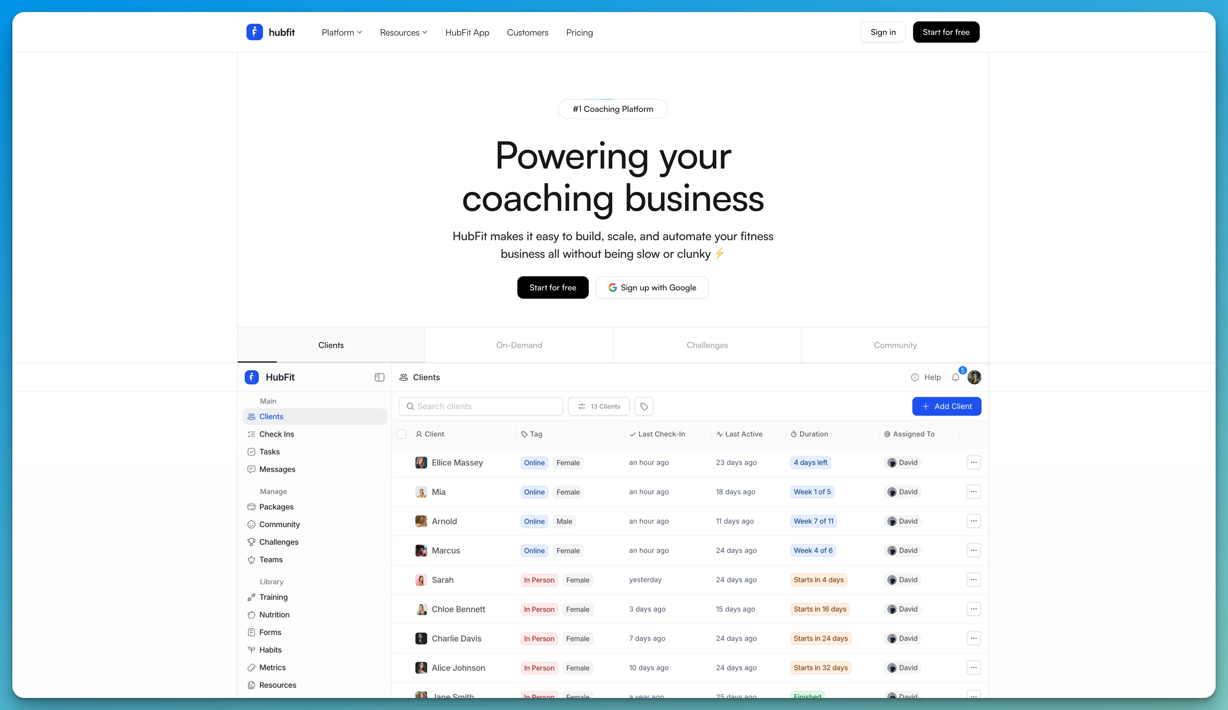 HubFit coaching platform landing page