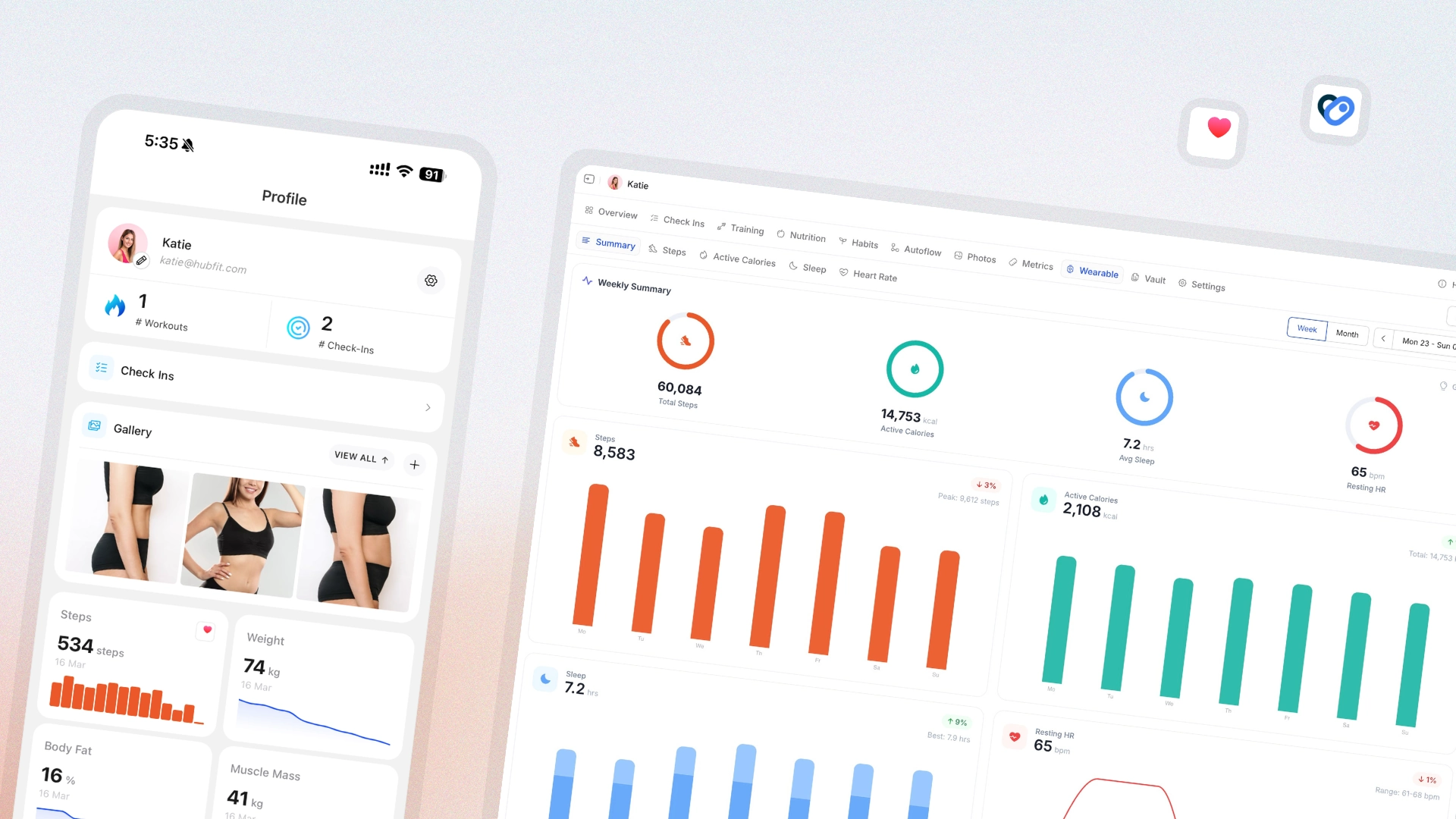 HubFit wearables dashboard pulling sleep, heart rate, steps, and active calories from Apple Health and Health Connect