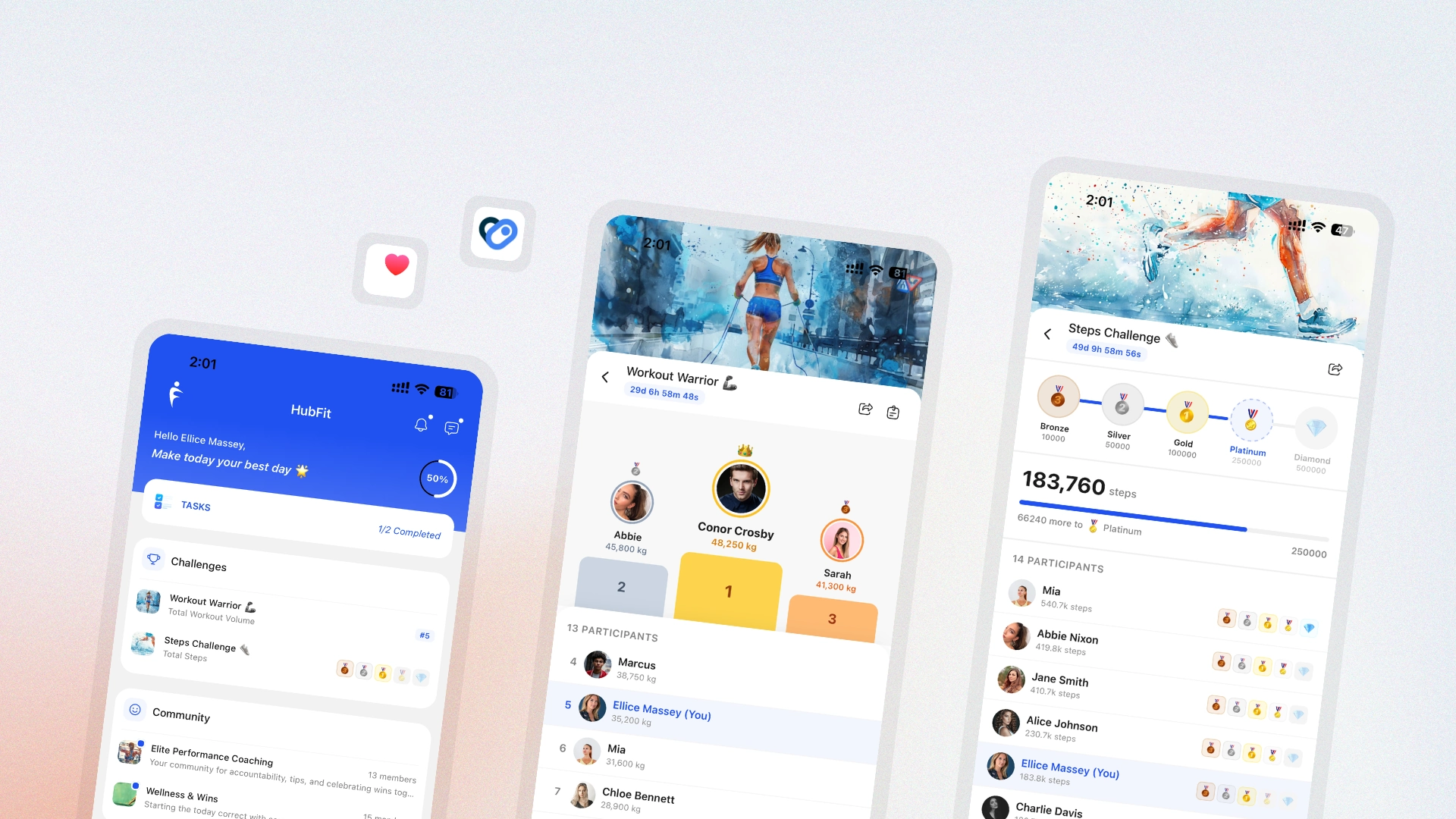 HubFit Challenges shown across three screens — the home feed with active challenges, a Workout Warrior leaderboard with podium and ranked participants, and a Steps Challenge with bronze-to-diamond badge progression