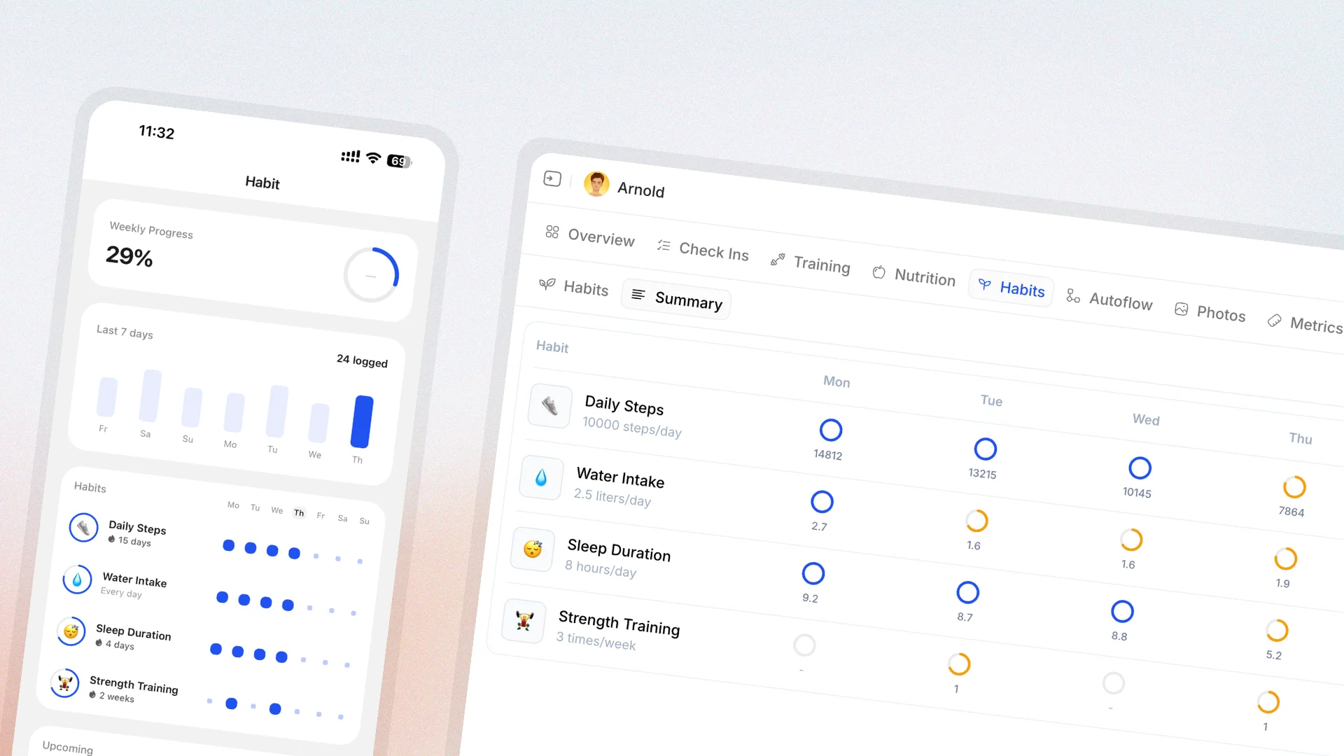 HubFit Habits V2 with the redesigned client app showing weekly progress and habit streaks next to the coach summary view of a client's weekly habit completion
