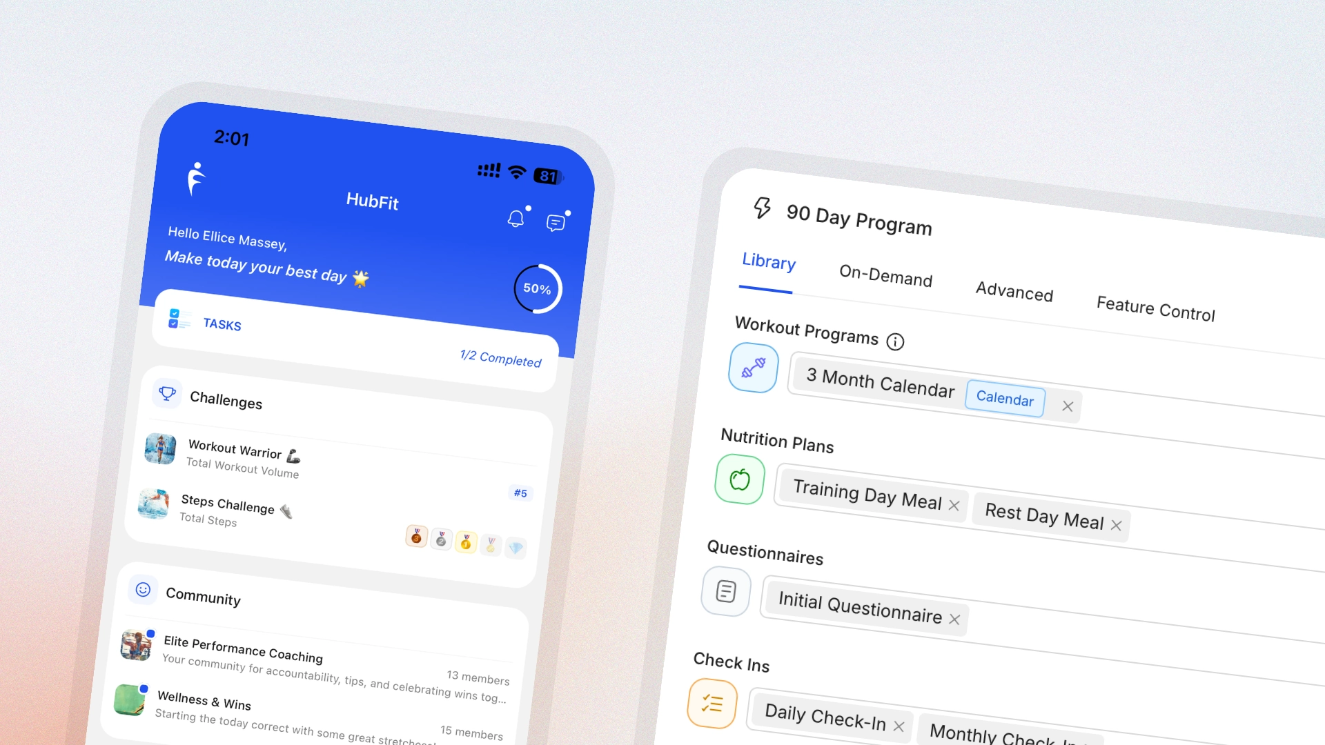 HubFit Onboarding Flow V2 builder showing a 90 Day Program with workout, nutrition, questionnaire, and check-in steps next to the client app home screen