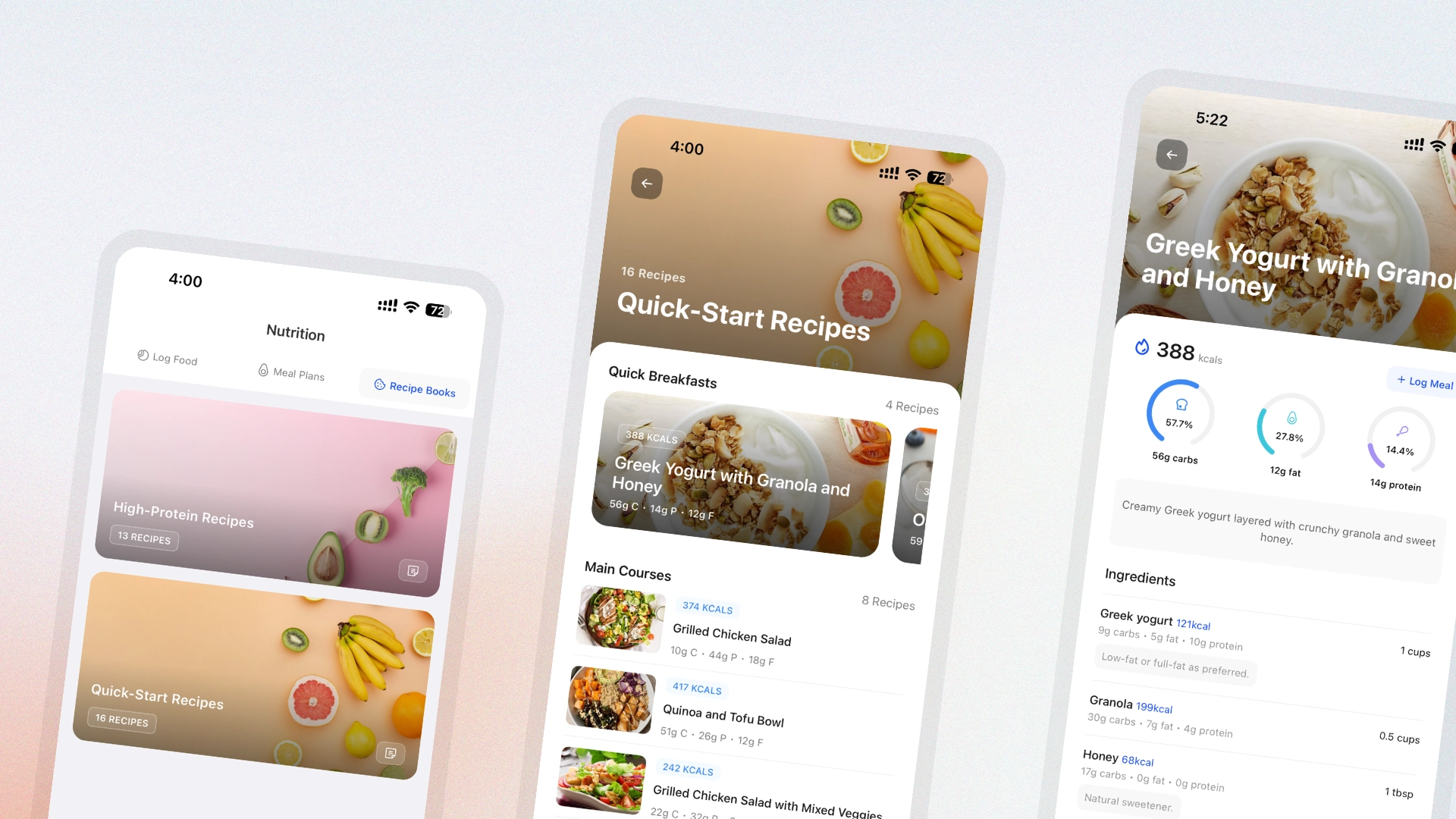 HubFit Recipe Books with sectioned recipe layouts, cover images, and 1-tap logging into the client nutrition tracker