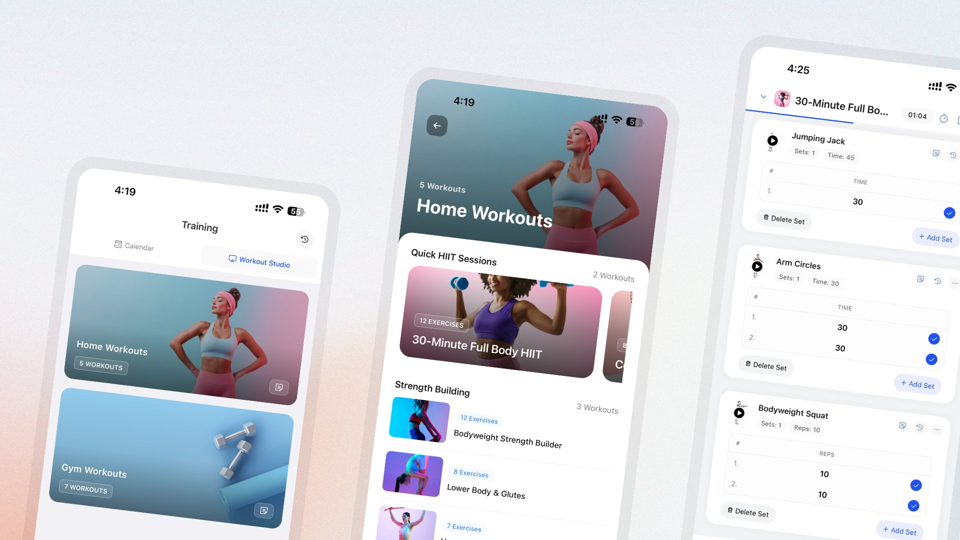 HubFit Workout Studio with curated workout videos organised into sections, cover images, and native in-app playback