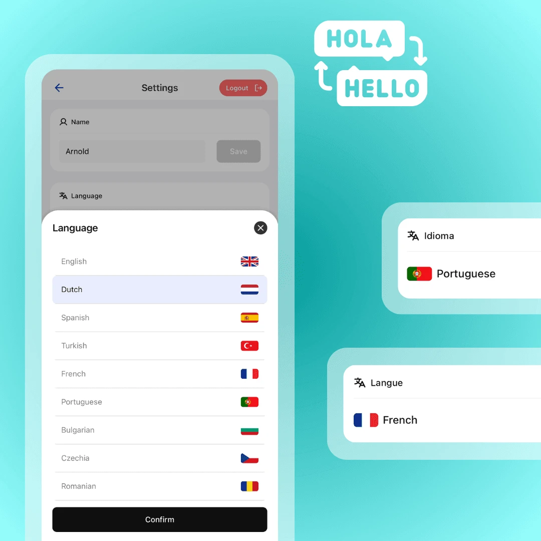 Support for 9 languages in the app for your clients